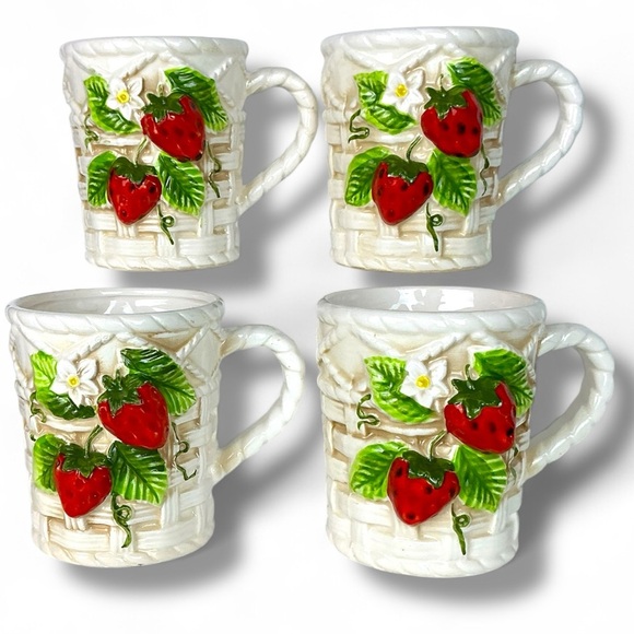 Vintage Sears Roebuck Strawberry Mugs Ceramic Basket Weave 4 Piece Cup Set 1981 - Picture 2 of 13